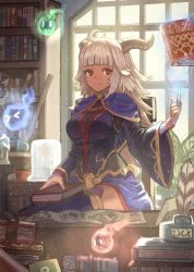 Rule 34 | 1girl, ahoge, blue thighhighs, blunt bangs, bodysuit, book, book stack, bookshelf, capelet, fantasy, floating, floating book, floating object, ghost, holding, holding book, horns, ink bottle, inkwell, janoukyo19, levitation, light particles, long hair, original, outdoors, plant, quill, red eyes, shelf, smile, table, thighhighs, white hair, wide sleeves, window