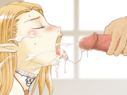 Rule 34 | 1boy, 1girl, artist request, blonde hair, blush, bukkake, censored, character request, closed eyes, cum, cum in mouth, cum on tongue, ejaculation, elf, eyebrows, facial, hetero, long hair, long pointy ears, mosaic censoring, open mouth, penis, pointy ears, portrait, solo focus, tongue, tongue out, window
