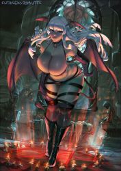 Rule 34 | 1girl, bell, neck bell, black hair, breasts, cleavage, collar, collarbone, commission, curvy, cutesexyrobutts, demon girl, demon tail, demon wings, head wings, highres, huge breasts, leaning forward, light smile, lips, long hair, looking at viewer, monster girl, pentagram, purple eyes, solo, demon girl, tail, thick thighs, thighhighs, thighs, white hair, wide hips, wings
