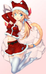 Rule 34 | 1girl, belt, blonde hair, blue eyes, blush, breasts, buckle, cat tail, christmas, crop top, crop top overhang, elbow gloves, fangs, gloves, gradient background, hair ribbon, hat, highres, long hair, low twintails, midriff, navel, open mouth, original, red gloves, ribbon, santa costume, santa hat, simple background, skirt, solo, tail, thighhighs, twintails, white thighhighs, zizi (zz22)