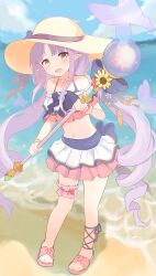 Rule 34 | 1girl, absurdres, bare shoulders, beach, bikini, bikini skirt, blue sky, blush, bracelet, bug, butterfly, choker, elf, flat chest, flower, flower choker, frilled bikini, frills, hat, highres, holding, holding staff, insect, jewelry, kyouka (princess connect!), kyouka (summer) (princess connect!), long hair, looking at viewer, low twintails, mage staff, midriff, navel, ocean, onigiri noe, open mouth, parted bangs, pleated skirt, pointy ears, princess connect!, purple hair, sand, sandals, skirt, sky, staff, straw hat, sunflower, swimsuit, twintails, very long hair, yellow eyes