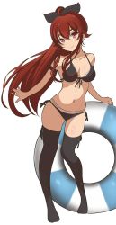 1girl bare_shoulders bikini black_bikini black_thighhighs bow breasts eris_greyrat full_body hair_between_eyes hair_bow highres layered_bikini long_hair looking_at_viewer medium_breasts mushoku_tensei navel ponytail puchimosu_(mosu1427) red_eyes red_hair side-tie_bikini_bottom smile solo standing stomach swimsuit thighhighs thighs white_background