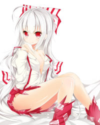 Rule 34 | 1girl, ahoge, bare legs, bare shoulders, bow, breasts, cleavage, dress shirt, female focus, fujiwara no mokou, hair bow, kakao (chocolate land), legs, long hair, no bra, off shoulder, pants, red eyes, shirt, sitting, smile, solo, strap slip, suspenders, torn clothes, torn pants, touhou, very long hair, white hair