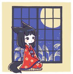 Rule 34 | 1girl, animal ears, back bow, black eyes, black hair, blue bow, blush, bob cut, border, bow, closed mouth, commentary request, cushion, dot mouth, floral print, fox ears, fox girl, fox tail, full moon, hands on lap, hori00, japanese clothes, kimono, light particles, long sleeves, looking ahead, medium hair, moon, multicolored clothes, multicolored kimono, original, red kimono, seiza, sitting, solo, striped bow, susuki grass, tail, tareme, tsukimi, vertical-striped bow, white border, wide sleeves, window, yellow background, yellow kimono, zabuton