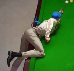 Rule 34 | 10s, 1boy, 2016, aiming, alternate costume, ass, ball, bifanghuanshi, billiard ball, billiards, black footwear, black socks, blue hair, cross-laced footwear, cu chulainn (fate), cu chulainn (fate/stay night), cue stick, dated, earrings, fate/stay night, fate (series), formal, from above, from behind, grey pants, highres, holding, jewelry, long hair, long sleeves, lying, male focus, pants, ponytail, shirt, shoes, signature, socks, solo, vest, white shirt