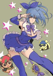 Rule 34 | 1girl, absurdres, alternate costume, bare shoulders, belt, blue eyes, blue hair, breasts, cleavage, closed mouth, commentary request, detached collar, dress, frills, highres, holding, holding wand, kurogane naoto (churushiko), large breasts, leona heidern, long hair, looking at viewer, magical girl, ponytail, purple dress, purple ribbon, ribbon, salute, snk, strapless, strapless dress, the king of fighters, thighhighs, thighs, wand