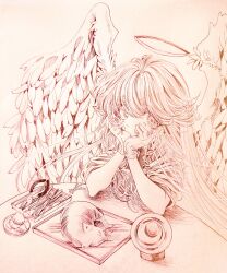 Rule 34 | 1girl, angel, angel wings, aya carmine, braid, cat, commentary request, feathered wings, feathers, graphite (medium), greyscale, halo, head rest, highres, holding, holding feather, long hair, looking at viewer, monochrome, sayonara wo oshiete, scalpel, side braids, sitting, solo, sugamo mutsuki, surgical scissors, table, traditional media, wings