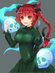 Rule 34 | 1girl, animal ears, black bow, blue fire, blunt bangs, blush, bow, braid, breasts, cat ears, dress, eyebrows hidden by hair, fang, fire, floating skull, green dress, grey background, hair bow, hand up, highres, hitodama, inamori (inari00000), juliet sleeves, kaenbyou rin, long hair, long sleeves, medium breasts, multiple tails, nekomata, puffy sleeves, red eyes, red hair, simple background, skull, smile, solo, tail, touhou, twin braids, two tails