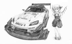 Rule 34 | 1girl, car, flandre scarlet, full body, greyscale, hat, highres, honda s2000, mary janes, mob cap, monochrome, motor vehicle, puffy sleeves, race vehicle, racecar, red pond, ribbon, shoes, short sleeves, simple background, skirt, solo, spoiler (automobile), touhou, vehicle focus, white background, wings