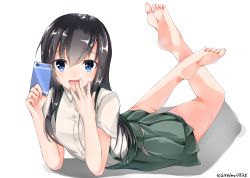 Rule 34 | 10s, 1girl, asashio (kancolle), barefoot, black hair, blue eyes, blush, feet, kantai collection, long hair, looking at viewer, on stomach, open mouth, shiromoi, smartphone, soles, toes