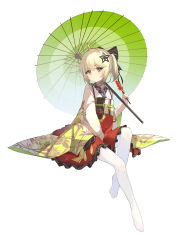 Rule 34 | 1girl, absurdres, ahoge, arknights, between legs, black bow, blonde hair, bow, closed mouth, commentary request, floral print, food, full body, green kimono, green umbrella, hair bow, hand between legs, highres, holding, holding skewer, japanese clothes, kimono, knee up, long sleeves, looking at viewer, medium hair, multicolored clothes, multicolored kimono, ningmeng jing jing jing jing, no shoes, official alternate costume, pantyhose, parasol, red skirt, scene (arknights), scene (betsushi) (arknights), simple background, skewer, skirt, solo, umbrella, white background, white kimono, white pantyhose, wide sleeves, yellow eyes