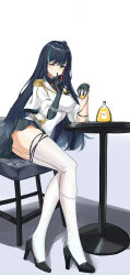 Rule 34 | 1girl, absurdres, ahoge, black hair, breasts, covered navel, cup, czk, gloves, green eyes, high heels, highres, holding, holding cup, lin (tower of fantasy), long hair, looking at viewer, medium breasts, miniskirt, mole, mole under eye, on chair, one eye closed, skirt, smile, solo, thighhighs, tower of fantasy, uniform, white background