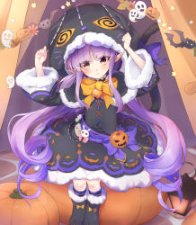 Rule 34 | 1girl, blush, elf, halloween, hat, highres, kyouka (halloween) (princess connect!), kyouka (princess connect!), long hair, looking at viewer, pointy ears, princess connect!, purple eyes, shimon (31426784), socks, solo, striped clothes, striped socks, trick or treat, twintails, yellow eyes