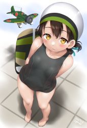 Rule 34 | 1girl, a5m, aircraft, airplane, barefoot, black hair, black one-piece swimsuit, blue ribbon, brown eyes, dd (ijigendd), flat chest, folded ponytail, from above, hair ribbon, highres, kantai collection, kasuga maru (kancolle), kickboard, long hair, looking at viewer, official alternate costume, one-piece swimsuit, ribbon, school uniform, solo, standing, swept bangs, swim cap, swimsuit, taiyou (kancolle), white headwear