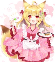 Rule 34 | 1girl, :d, ahoge, animal ear fluff, animal ears, apron, blonde hair, commentary request, dango, floral background, food, fox ears, fox girl, fox tail, frilled apron, frills, hair between eyes, hair intakes, highres, holding, holding food, holding tray, japanese clothes, kimono, long hair, nail polish, open mouth, original, pink kimono, pink skirt, plate, pleated skirt, purple nails, red eyes, sanshoku dango, shikito (yawa0w0), skirt, smile, solo, tail, tray, very long hair, wagashi, white apron, white background