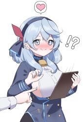 Rule 34 | !?, 1boy, 1girl, ako (blue archive), blue archive, blue eyes, blue hair, blush, breasts, clipboard, commentary request, earrings, embarrassed, false smile, hair between eyes, hairband, halo, heart, highres, holding, holding clipboard, ine (ineinnen), jewelry, large breasts, long hair, long sleeves, looking at viewer, offscreen person, pointing, poking, sensei (blue archive), sideboob, sidelocks, simple background, smile, spoken heart, white background
