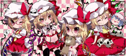 Rule 34 | 2girls, :d, \m/, adapted costume, alternate costume, ascot, asymmetrical hair, asymmetrical wings, bat wings, bespectacled, black legwear, blonde hair, blush, bubble skirt, chibi, crossed arms, deformed, double \m/, closed eyes, fingerless gloves, flandre scarlet, four of a kind (touhou), glasses, gloves, hair ornament, hat, kayama benio, long sleeves, looking at viewer, looking away, low wings, midriff, miniskirt, mob cap, multiple girls, multiple persona, navel, necktie, hugging object, open mouth, puffy long sleeves, puffy short sleeves, puffy sleeves, red eyes, remilia scarlet, short hair, short sleeves, side ponytail, side slit, sitting, skirt, skull hair ornament, smile, symbol-shaped pupils, thighhighs, tongue, tongue out, touhou, variations, wings, wrist cuffs, yukkuri shiteitte ne