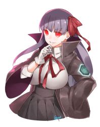 Rule 34 | 10s, 1girl, artist name, bb (fate), bb (fate/extra), black jacket, black skirt, bow, breasts, eiri (eirri), fate/extra, fate/extra ccc, fate (series), gloves, hair bow, hand on own hip, hand on own chin, jacket, large breasts, long hair, long sleeves, looking at viewer, neck ribbon, parted lips, pleated skirt, purple hair, red bow, red eyes, red ribbon, ribbon, shirt, signature, simple background, skirt, smile, solo, v-shaped eyebrows, very long hair, white background, white gloves, white shirt, wide sleeves
