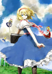 Rule 34 | 1girl, alice margatroid, blonde hair, blue eyes, book, cloud, day, doll, female focus, hairband, looking back, pantyhose, poncho (poncho), ribbon, short hair, sky, solo, touhou, wind
