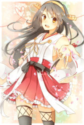 Rule 34 | 10s, 1girl, bare shoulders, black hair, boots, breasts, cherry blossoms, detached sleeves, hairband, haruna (kancolle), heart, heart of string, highres, japanese clothes, jewelry, kantai collection, large breasts, long hair, looking at viewer, miniskirt, nachi (herousa), nazi (1446480), nontraditional miko, open mouth, outstretched hand, petals, ribbon-trimmed sleeves, ribbon trim, ring, skirt, smile, solo, thigh boots, thighhighs, zettai ryouiki