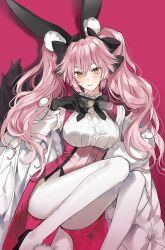 Rule 34 | 1girl, animal ear fluff, animal ears, black bow, black gloves, blush, bow, breasts, coattails, collared shirt, corset, dress shirt, fate/grand order, fate (series), fox tail, glasses, gloves, hair between eyes, hair bow, high heels, highres, koyanskaya (assassin) (second ascension) (fate), koyanskaya (fate), large breasts, long hair, long sleeves, looking at viewer, pantyhose, pink hair, rabbit ears, shirt, sidelocks, smile, solo, tail, tamamo (fate), twintails, underbust, white pantyhose, white shirt, yellow eyes, yurumawari