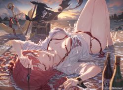 Rule 34 | 1girl, ;d, absurdres, anchor, arms up, arrow through heart, backlighting, bare legs, barefoot, bikini, bikini under clothes, blush, bottle, buckle, company name, evening, eyepatch, unworn eyepatch, flag, foreshortening, highres, holding, hololive, houshou marine, hxxg, knees up, long hair, looking at viewer, lower teeth only, lying, navel, o-ring, o-ring bikini, ocean, on back, on ground, one eye closed, open mouth, outdoors, red bikini, red eyes, red hair, see-through, shirt, short sleeves, side-tie bikini bottom, smile, solo, sunlight, sunset, swimsuit, teeth, thighs, treasure chest, twintails, virtual youtuber, water, wet, wet clothes, wet shirt, white shirt