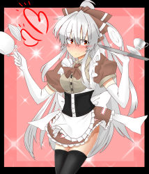 Rule 34 | 1girl, adapted costume, alternate color, alternate costume, apron, ascot, bad id, bad pixiv id, black thighhighs, blush, border, bow, breasts, corset, cup, dress shirt, elbow gloves, embarrassed, enmaided, female focus, fujiwara no mokou, gloves, grey theme, hair bow, hair ribbon, hati105, head tilt, high ponytail, highres, hip focus, large bow, large breasts, long hair, looking at viewer, maid, maid apron, miniskirt, nose blush, pink background, ponytail, puffy sleeves, red eyes, ribbon, saucer, shirt, sidelocks, silver hair, skirt, solo, standing, sweatdrop, teacup, teapot, thighhighs, thighs, touhou, tray, very long hair, waitress, white gloves, zettai ryouiki
