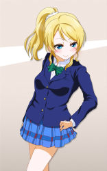 Rule 34 | &gt;:), 10s, 1girl, ayase eli, bad id, bad pixiv id, blazer, blonde hair, blue eyes, bow, bowtie, breasts, green bow, green bowtie, hand on own hip, inaharu, jacket, long hair, love live!, love live! school idol project, plaid, plaid skirt, ponytail, school uniform, scrunchie, skirt, solo, striped bow, striped bowtie, striped clothes, striped neckwear, v-shaped eyebrows