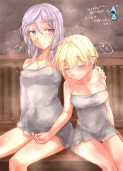 Rule 34 | 2girls, puff of air, aohashi ame, arm around shoulder, aurora e. juutilainen, blonde hair, blush, breasts, character name, cleavage, commentary, english text, grey towel, happy birthday, heart, medium breasts, medium hair, multiple girls, naked towel, nikka edvardine katajainen, onsen, purple eyes, short hair, silver hair, sitting, snort, spoken zzz, steam, sweat, thighs, towel, translated, world witches series, zzz