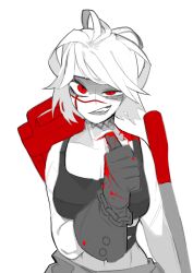 Rule 34 | 1girl, bbizim03, black survival, blood, blood on gloves, breasts, chain, gloves, graphite (medium), highres, jackie quilt, large breasts, looking at viewer, messy hair, open mouth, scar, scar across eye, scar on arm, scar on face, short hair, simple background, solo, tank top, thumbs up, traditional media