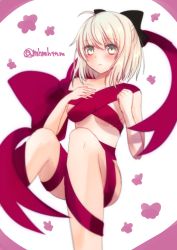 Rule 34 | 1girl, ahoge, bare arms, black ribbon, blush, breasts, closed mouth, fate (series), feet out of frame, grey eyes, hair between eyes, hair ribbon, hand on own chest, highres, koha-ace, looking at viewer, medium breasts, naked ribbon, okita souji (fate), okita souji (koha-ace), pink hair, ribbon, short hair, single bare shoulder, solo, tanaji, twitter username