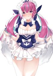 Rule 34 | 1girl, anchor print, aqua hair, blue dress, blush, bow, bowtie, breasts, cleavage, clothes lift, dress, frilled dress, frills, heart, highres, hololive, licking lips, lifting own clothes, long hair, maid, maid headdress, minato aqua, minato aqua (1st costume), multicolored hair, mutou mame, puffy short sleeves, puffy sleeves, purple eyes, purple hair, short dress, short sleeves, simple background, skirt, skirt lift, solo, streaked hair, tongue, tongue out, twintails, two-tone hair, virtual youtuber, white background, white bow, wrist cuffs