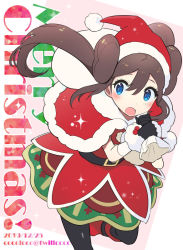 Rule 34 | 1girl, artist name, belt, black belt, black pantyhose, blue eyes, blush, brown hair, capelet, christmas, cocoloco, commentary request, creatures (company), dated, double bun, eyelashes, fur trim, game freak, hair between eyes, hair bun, hat, holding, holding sack, leg up, long hair, looking to the side, merry christmas, nintendo, official alternate costume, open mouth, pantyhose, pokemon, pokemon masters ex, red capelet, red hat, rosa (holiday 2019) (pokemon), rosa (pokemon), sack, santa costume, santa hat, solo, twintails