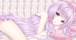 Rule 34 | 1girl, blush, cevio, chestnut mouth, dress, highres, lace trim, lingerie, long hair, looking at viewer, lying, nightgown, on bed, on side, open mouth, parted lips, pillow, ponytail, purple eyes, purple hair, scrunchie, unworn scrunchie, solo, strapless, strapless dress, underwear, vocaloid, wallpaper (object), yamagara, yuzuki yukari