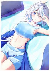 Rule 34 | 1girl, absurdres, alternate costume, amezato noin, armpits, arms up, bare shoulders, blue eyes, blue hair, blue shorts, blue tank top, commentary, cowboy shot, crop top, furina (genshin impact), genshin impact, highres, looking at viewer, lying, midriff, multicolored hair, navel, no headwear, on back, one eye closed, pillow, shorts, solo, stomach, streaked hair, tank top, thighs, white hair