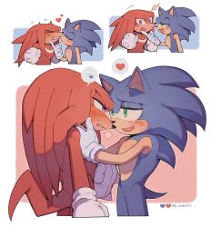 Rule 34 | 2boys, animal ears, animal nose, blue fur, blush, boxing gloves, clenched teeth, dreadlocks, echidna (animal), fang, gloves, green eyes, half-closed eyes, heart, hedgehog, hedgehog ears, imminent kiss, interspecies, kiss, kissing cheek, knuckles the echidna, looking at another, multiple boys, purple eyes, sega, sk rokuro, snout, sonic (series), sonic (series), sonic the hedgehog, speech bubble, spiked gloves, spoken heart, sweat, tail, teeth, upper body, white gloves, yaoi