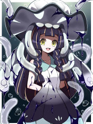 Rule 34 | 1girl, :d, absurdres, alternate hair color, arms behind back, black hair, blunt bangs, border, braid, collarbone, collared dress, commentary request, creatures (company), dress, eyelashes, game freak, gen 7 pokemon, green eyes, highres, ink, lillie (pokemon), long hair, looking at viewer, nihilego, nintendo, on head, open mouth, outside border, pokemon, pokemon (creature), pokemon on head, pokemon sm, shabana may, sleeveless, sleeveless dress, smile, sundress, teeth, tongue, twin braids, ultra beast, upper teeth only, white border, white dress