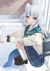 Rule 34 | 1girl, absurdres, alternate costume, animal ears, blue eyes, blue hair, blue sky, blurry, brown footwear, commentary, depth of field, fins, fish tail, gawr gura, green sailor collar, grey shirt, highres, hololive, hololive english, lens flare, loafers, long hair, long sleeves, looking at viewer, mask, mask around neck, mimizuku (mmiganaru), mouth mask, multicolored hair, own hands together, pleated skirt, sailor collar, school uniform, serafuku, shark girl, shark tail, shirt, shoes, sitting, skirt, sky, socks, solo, streaked hair, symbol-only commentary, tail, two side up, virtual youtuber, white hair, white mask, white socks