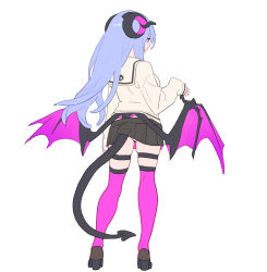 Rule 34 | 1girl, ass, blue hair, closed mouth, curled horns, demon tail, dragon wings, enkyo yuuichirou, from behind, full body, hand up, high heels, highres, horns, legwear garter, lifted by tail, long hair, long sleeves, low wings, miniskirt, original, pleated skirt, purple eyes, purple thighhighs, sailor collar, school uniform, serafuku, shirt, shoes, simple background, skindentation, skirt, solo, tail, thighhighs, white background, white sailor collar, white shirt, wings
