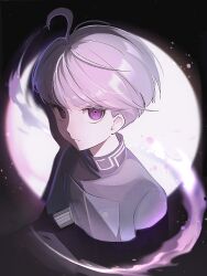 Rule 34 | 1boy, ahoge, black jacket, closed mouth, frown, hashtag-only commentary, highres, jacket, long sleeves, looking at viewer, male focus, master detective archives: rain code, purple eyes, purple hair, rize (rize0420), serious, short hair, solo, spotlight, symbol in eye, upper body, yuma kokohead