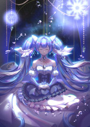 Rule 34 | 1girl, absurdly long hair, absurdres, bad id, bad pixiv id, blue hair, byuey, choker, closed eyes, detached sleeves, floating hair, hair ornament, hatsune miku, highres, long hair, own hands together, sky, smile, solo, star (sky), starry sky, striped, twintails, vertical stripes, very long hair, vocaloid, yuki miku