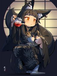 Rule 34 | 1girl, :o, animal ear fluff, animal ears, black choker, black kimono, blurry, blurry background, blush, choker, commentary, commission, cup, depth of field, ear piercing, english commentary, floral print, fox ears, fox girl, fox tail, full body, grey footwear, highres, holding, holding cup, japanese clothes, jewelry, kimono, kuro kosyou, looking away, looking to the side, orange eyes, original, parted lips, piercing, pouring, print kimono, ring, round window, sandals, skeb commission, socks, solo, squatting, tabi, tail, teacup, teapot, thick eyebrows, tiptoes, white socks, window, zouri