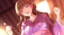 Rule 34 | 1girl, blue eyes, blurry, blurry background, braid, breasts, brown hair, character request, commentary request, copyright request, dandelion, dutch angle, etyaduke, floral print, flower, hair ribbon, holding, holding flower, japanese clothes, kimono, long hair, looking at viewer, medium breasts, mole, mole under eye, nail polish, open mouth, purple kimono, purple nails, ribbon, sash, solo, white ribbon, wide sleeves, yukata