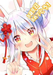 Rule 34 | 1girl, :d, animal ear fluff, animal ears, artist name, blue hair, blush, double bun, dutch angle, flower, hair bun, hair flower, hair ornament, hair ribbon, hololive, index finger raised, japanese clothes, kimono, long hair, looking at viewer, multicolored eyes, multicolored hair, nail polish, official alternate costume, open mouth, pink nails, print kimono, rabbit-shaped pupils, rabbit ears, red eyes, red kimono, ribbon, short eyebrows, sidelocks, signature, smile, solo, sylphine, symbol-shaped pupils, thick eyebrows, translated, two-tone hair, upper body, usada pekora, usada pekora (new year), v, virtual youtuber, white background, white hair, yellow eyes
