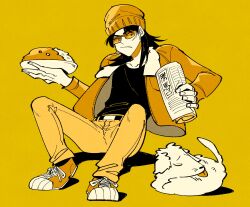 Rule 34 | 1boy, beanie, belt, bomber jacket, closed mouth, commentary request, curry, curry rice, dog, facial scar, food, frown, full body, hat, highres, holding, holding newspaper, holding plate, inudori, itou kaiji, jacket, kaiji, long hair, looking at animal, looking to the side, male focus, monochrome, newspaper, open clothes, open jacket, pants, plate, rice, rolled up newspaper, scar, scar on cheek, scar on face, shirt, shoes, sneakers, solo, standing, sunglasses, yellow theme