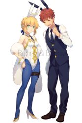 Rule 34 | 1boy, 1girl, ahoge, animal ears, artoria pendragon (all), artoria pendragon (fate), artoria pendragon (swimsuit ruler) (fate), artoria pendragon (swimsuit ruler) (fate) (cosplay), bare shoulders, black neckwear, blonde hair, blue neckwear, blue ribbon, blush, braid, breasts, buttons, closed mouth, commentary request, cosplay, echo (circa), emiya shirou, closed eyes, fake animal ears, fate/grand order, fate/stay night, fate (series), french braid, green eyes, hair between eyes, hair ornament, hair ribbon, leotard, male playboy bunny, necktie, open mouth, pantyhose, playboy bunny, rabbit ears, red hair, ribbon, saber (fate), shirt, short hair, simple background, small breasts, smile, teeth, waiter, white background, white shirt