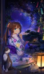 Rule 34 | 1girl, animal, artist request, blue eyes, brown hair, brush, carrying, cat, flower print, japanese clothes, kimono, lamp, leaf, marble, night, night sky, paintbrush, paper, pig, piggyback, ponytail, rock, sitting, sky, smoke, source request, star (sky), sticker, tree, water, wooden floor