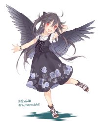 Rule 34 | 1girl, alternate costume, black hair, bow, contemporary, dress, earrings, full body, hair bow, highres, jewelry, long hair, looking at viewer, open mouth, red eyes, reiuji utsuho, simple background, smile, solo, touhou, toutenkou, translation request, white background, wings