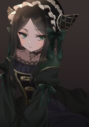 Rule 34 | 1girl, black hair, black hairband, brown background, closed mouth, collarbone, cone hair bun, dress, expressionless, frilled hairband, frills, gothic lolita, gradient background, green dress, green eyes, green ribbon, hair bun, hairband, highres, kuroshitsuji, lace trim, lolita fashion, lolita hairband, long hair, long sleeves, looking to the side, puffy long sleeves, puffy sleeves, ribbon, sidelocks, sieglinde sullivan, solo, swept bangs, tomoshibi (rokugatsu), upper body
