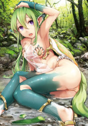 Rule 34 | 1girl, anklet, arm support, arm up, armpits, bangle, bikini, bikini bottom only, bracelet, breasts, commentary request, cucumber, day, forest, frills, green hair, hair between eyes, hand on own head, jewelry, kappa, long hair, matome, medium breasts, moss, nature, on ground, open mouth, orange bikini, original, outdoors, personification, pointy ears, purple eyes, rock, sitting, solo, swimsuit, tree, very long hair, water